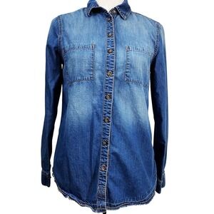 Garage Women Blue Denim Tunic Shirt Button Down Frayed Hem Medium Wash‎ Small